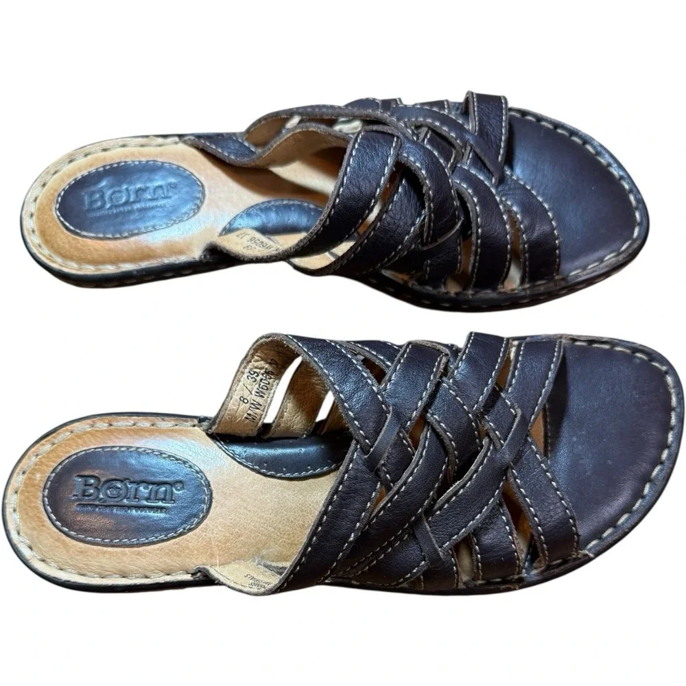 Born Brown Leather‎ Woven Strap Open Toe Slide Sandals - Women's 8 All Day Wear